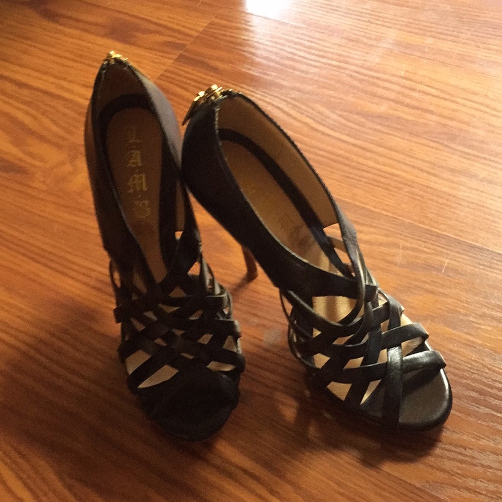 L.A.M.B Black Leather Gladiator High Heel Sandals